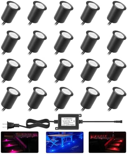 RNEHON LED Outdoor Deck Lights Kits with Protecting Shell, RGB Φ1.18in IP67 Waterproof Recessed Stair Step Landscape Lighting, 12V Low Voltage for Garden Yard Patio Floor Kitchen Decoration (20 Pack) by MRNEHON
