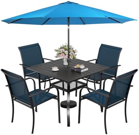 Incbruce 6 Pieces Paito Dining Set with Sky Blue Umbrella, Outdoor Metal Dining Set of 4 Textilene Chairs and Square Table with Umbrella Hole for Garden, Porch and Backyard (Blue) by Incbruce