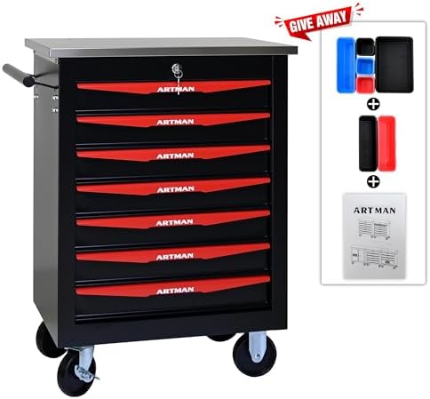 7-Drawer Heavy-Duty Rolling Steel Tool Cart with Handle&Wheels, Metal Storage Organizer Cabinet, Tool Chest for Efficient Tool Storage in Garage, Warehouse, Workshop, Repair Shop, Black&RED - Image 4