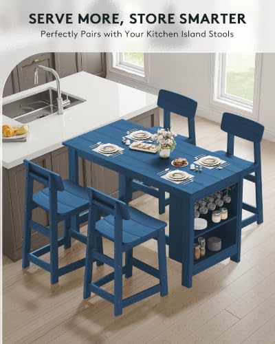 SERWALL 5-Piece Outdoor HDPE Counter-Height Bar Set with 4 Stools, Blue - Image 6