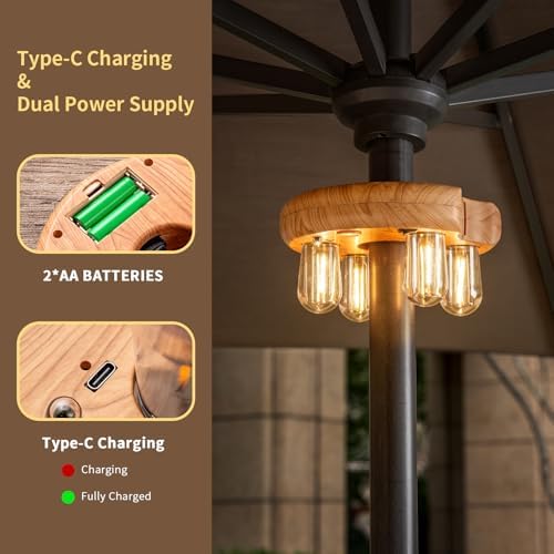 Wood Grain Patio Umbrella Light with Remote Control, Rechargeable Cordless LED Edison Bulbs Pole Light with 10 Brightness Levels for Garden, Patio, Backyard, Camping or BBQ (2 Pack) - Image 3
