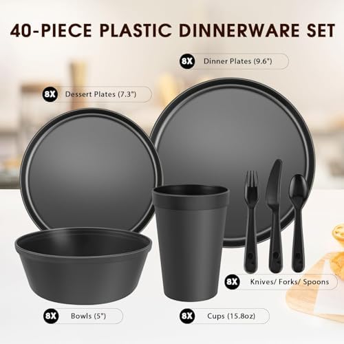 40 Piece Plastic Dinnerware Set for 8 with Cutlery, Unbreakable Plates and Bowls Set, Dishwasher & Microwave Safe Reusable Dish Set for Camping, RV, Outdoor Kitchen, Apartment Dining, Black - Image 2