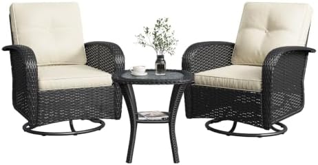 Aoxun 3 Pieces Patio Furniture Set, Patio Swivel Rocker Chairs Set of 2, Wicker Outdoor Bistro Set with Rocking Chair, Thickened Cushions and Table for Porch (Beige) by Aoxun