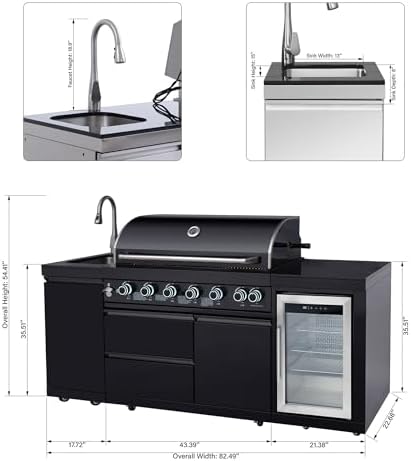 82.5'' Outdoor Kitchen Island, All-In-One 6 Burner Modular Outdoor Kitchen for Backyards, 83500 BTU BBQ Grill with 304 Stainless Steel, Black Outdoor Kitchens with Sink, Refrigerator - Image 2