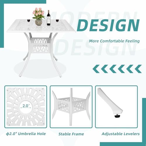 MEETWARM 5-Piece Outdoor Patio Dining Set, All-Weather Cast Aluminum Patio Conversation Set for Backyard Garden Deck with 4 Chairs, 4 Cushions and 35.4" Square Table with Umbrella Hole, White - Image 5