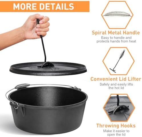 Camping Dutch Oven,12 Qt Pre-Seasoned Cast Iron Camp Dutch Oven Pot with Lid - Lid Lifter, Cast Iron Dutch Oven with Metal Handle for Cooking BBQ Baking Campfire Modern Black - Image 3