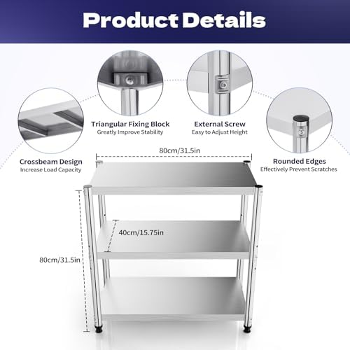 Stainless Steel Table, 3-Shelf Adjustable Heavy Duty Storage Shelving Unit, BBQ Prep Table 31.49 * 31.49 * 15.74in for Garage, Home, Warehouse, and Kitchen - Image 3