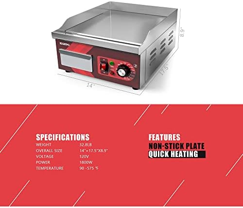 EGGKITPO 14 Inch Electric Griddle 120V 1800W, Non-Stick Flat Top Grill Commercial Electric Countertop Griddles Stainless Steel Adjustable Temperature Control 90℉-575℉ for Home or Restaurant Use - Image 5