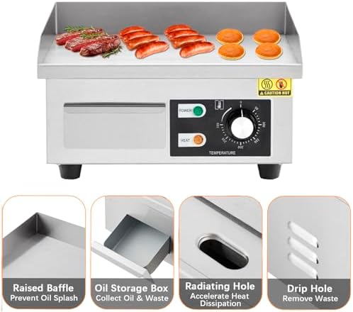 14" Commercial Electric Griddle, Stainless Steel Countertop Griddle, Electric Flat Top Grill With Shovel Brush, Restaurant Teppanyaki Grill Cooking Equipment, Temperature Control 50°C - 300°C - Image 5