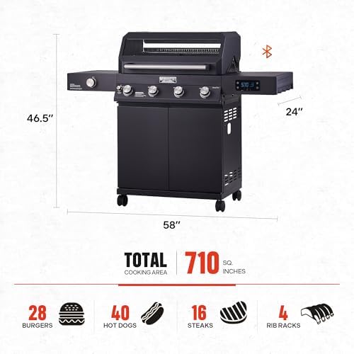 Monument Grills Denali Series, 4+1 Liquid Propane Gas Smart BBQ Grill, 4 Burners & 1 Side Burner Denali 425 with Smart Technology and Knob Controls, Black - Image 4