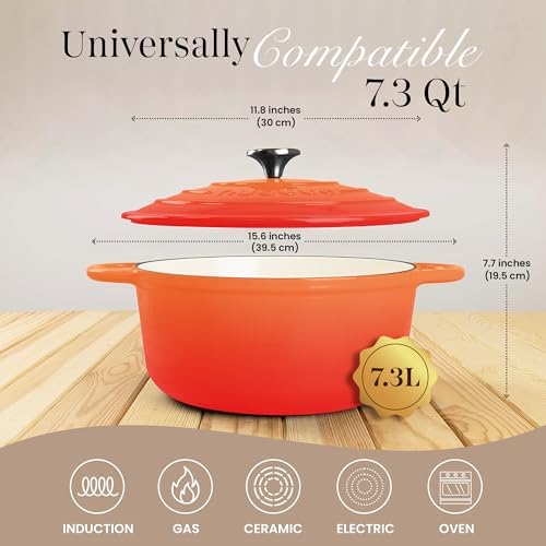 Cast Iron Dutch Oven with Lid-Non-Stick Ovenproof Enamelled Casserole Pot- Sturdy Dutch Oven Cookware - Orange, 7.3- Quart, 30cm- by Nuovva - Image 2