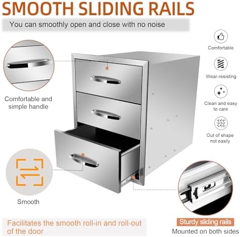 Outdoor Kitchen Drawers, Box Frame Style Flush Mount BBQ Drawer w/Stainless Steel Handle, BBQ Island Drawers For Patio Grill Station,Three Drawers - Image 3