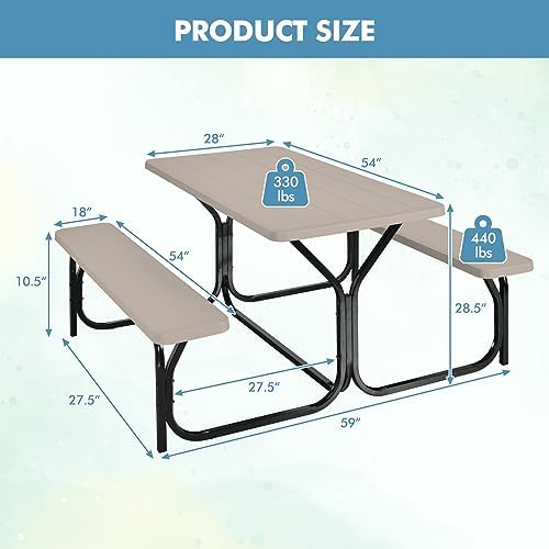 ORALNER Picnic Table, Plastic Dining Table & 2 Benches Set, Weather Resistant Wood Grain Resin Tabletop & Steel Frame, Picnic Tables for Outdoors, Porch Yard Patio Lawn Party Camping (Light Brown) - Image 6