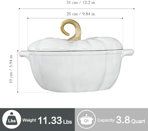 Flavehc Pumpkin Cast Iron Dutch Oven, 3.3 Qt, White, Enameled, with Lid - Image 5