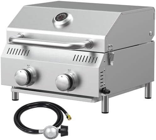 Bestfire Tabletop 2-Burner Gas Grill, 20,000 BTU Stainless Steel Portable Propane Grill, Removable Legs, Push-Button Ignition, Thermometer, for Outdoor Patio, Camping, Tailgating & RV by GrillsOutdoorCooking