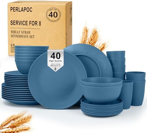 40-Piece Wheat Straw Dinnerware Sets,Unbreakable Dishes Set for 8 - Drinking Cups, Plates and Bowls Sets, Reusable Microwave Safe Dinnerware Set for Home, Outdooor, RVs - Blue by Perlapoc