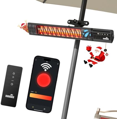 Electric Outdoor Heater for Patio Umbrella Wifi Control Wall-Mounted Hanging Patio 1500W Infrared 9 Heat Levels, 24H Timers, Carbon Fiber Tube Heating Wall Heater for Gazebo, Balcony by sundate