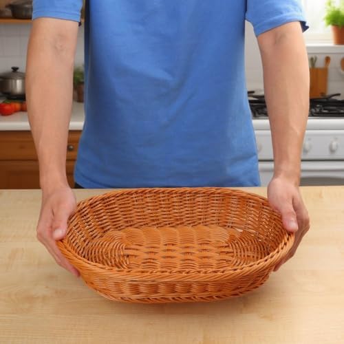 5 Pack 13.8 Inch Oval Poly Wicker Baskets, Plastic Oval Wicker Baskets, Rustic, Durable & Easy-Cleaning Wicker Bread Basket, for Home, Restaurant & Hotel Use, Brown - Image 4