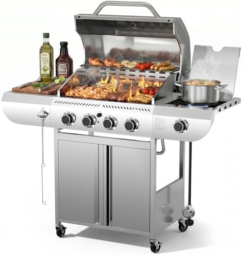 COWSAR 4-Burner Gas Grill, 42000 BTU BBQ Grill, Stainless Steel Barbecue Grill with Side Burner, Enameled Cast Iron Grill, Pull-Out Oil Tray, Suitable For Outdoor, Backyard Barbecues by COWSAR