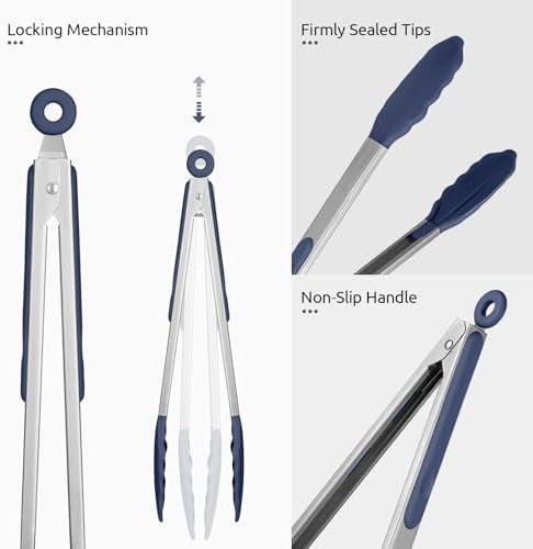 U-Taste Kitchen Tongs for Cooking, 600ºF Heat-Resistant, 3Pcs/Midnight Blue - Image 6