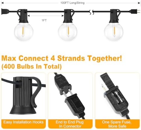 Bosceos 100FT 104 Bulbs G40 LED Globe String Lights Waterproof - Image 6
