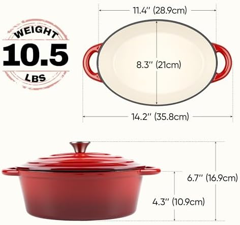 Oval Dutch Oven for Bread Baking, 4.5 Quart Non Stick Enameled Cast Iron Dutch Oven Pot with Lid, Oven Safe Oval Casserole with Lid up to 500°F for Baking, Braising, Stews, Roasting (Red) - Image 3
