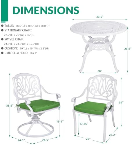 VIVIJASON 5-Piece Outdoor Patio Dining Set, All-Weather Cast Aluminum Conversation Set, Patio White Furniture Set, Include 2 Swivel Dining Chairs, 2 Stationary Chairs, 1 Round Table w/Umbrella Hole - Image 6
