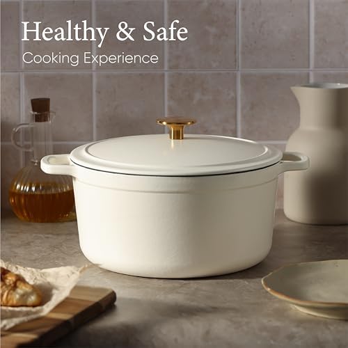 CAROTE 5QT Cream White Enameled Cast Iron Dutch Oven Pot with Lid - Image 4