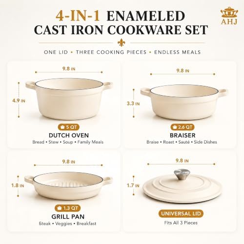 AHJ Enameled Cast Iron Dutch Oven Set - 4 Piece Cookware Set with Lids - Image 5