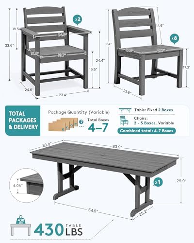 SERWALL 9Pcs HDPE Outdoor Dining Set w/6 Armless, 2 Armchairs for 8,Gray - Image 2