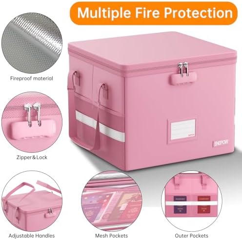 ENGPOW 5200°F File Box Fireproof Document Box with Lock,Heat Insulated Collapsible File Storage Organizer Box with Handle,Portable Home Office File Cabinet for Hanging Letter/Legal Size Folder, Pink - Image 5