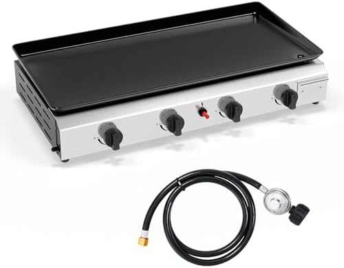 Bonnlo 4 Burner Portable Propane Griddle, 40,000BTU Gas Grill with Enameled Tray, Rolling Flat Top Gas Grill with Electronic Ignition & Regulator for Outdoor Camping Cooking BBQ by Bonnlo