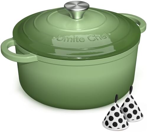 Umite Chef Enameled Cast Iron Dutch Oven-7QT Pot with Lid Cookbook & Cotton, Heavy-Duty Cookware for for Bread Baking, Braising, Stews, Marinate, Cook(Sage Green) by UmiteChef