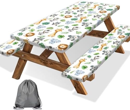 Jungle Safari Picnic Table Cover with Bench Covers, Camping Essentials, Animal Print Waterproof Windproof Table Cover, Fitted Tablecloth Cover with Elastic Edge, for Indoor & Outdoor 3 PCS 30x60 Inch by Xguatan