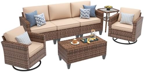 UDPATIO Patio Furniture Set, 5 Pieces Outdoor Conversation Sets with Rocking Swivel Chairs, Wicker Rattan Outdoor Sofa Set with Storage Table and Waterproof Covers for Backyard, Deck, Porch, Khaki - Image 2