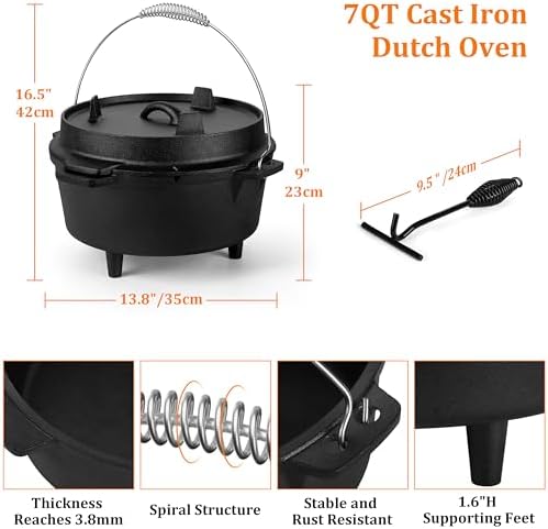 Leonyo 7QT Pre-Seasoned Dutch Oven Camping with Lid Lifter, 2-in-1 Pots - Image 2