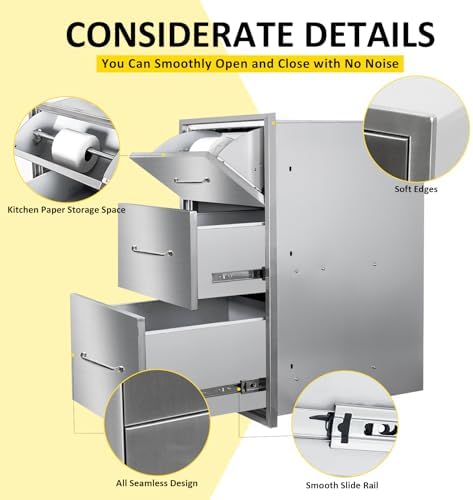 Outdoor Kitchen Drawers with Paper Towel Holder 17" W x 30"H Flush Mount BBQ Drawers with Chrome Handle,Stainless Steel Built-in Triple Access Drawers for Outdoor Kitchen Island, Patio Grill Station - Image 4