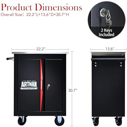 Double-Door Heavy-Duty Rolling Steel Tool Cart with Handle&Wheels, Metal Storage Organizer Cabinet, Tool Chest for Efficient Tool Storage in Garage, Warehouse, Workshop, Repair Shop, Black&RED - Image 3