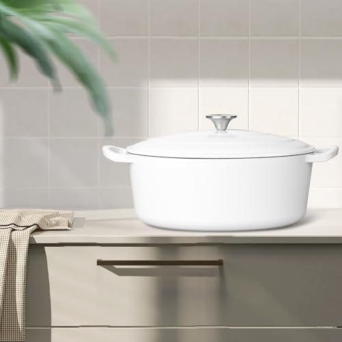 Leonyo 7-Quart Enameled Cast Iron Oval Dutch Oven Pot with Lid, White - Image 7