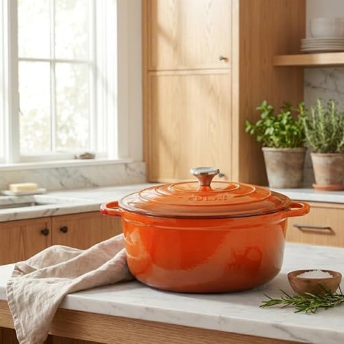 Zulay Kitchen 5 Quart Enameled Cast Iron Dutch Oven Pot with Lid – Premium Durability & Oven Safe up to 500°F – Heavy Duty Cookware Perfect for Bread Baking, Stews, Braising & Roasting – Orange - Image 2