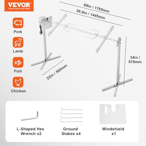 VEVOR Electric BBQ Rotisserie Grill Kit, 56 Inch 130 lbs Capacity, Automatic 52W Motor Height Adjustable Universal Roaster Stand, Stainless Steel Grilling Kit, Spit Rod with Heat Shield for Pig Lamb - Image 7