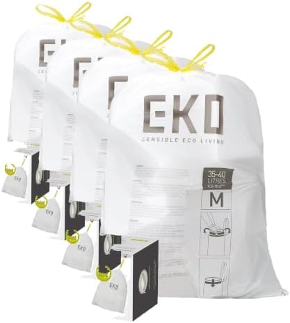 EKO 10.6 Gallon / 35–40 Liter Drawstring Trash Bags,Heavy-Duty Tall Kitchen Garbage Can Liners, Extra-Strong Leak-Resistant, Unscented, White, Code M, 60 Count (Pack of 4) by Unknown