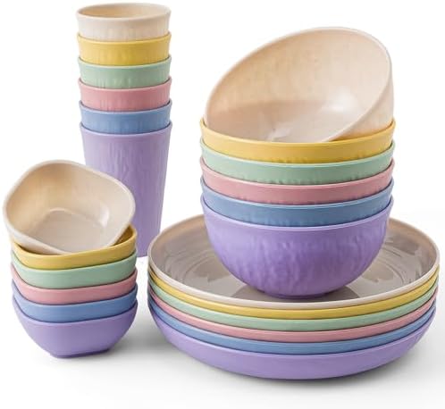 SHECIPIN 24-Piece Wheat Straw Dinnerware Set, Large Round Plates, Bowls and Cups, Unbreakable dish set, Dishwasher and Microwave Safe, Outdoor Camping Dishes by SHECIPIN