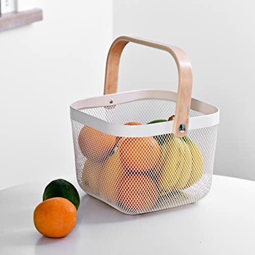 Mesh Steel Storage Organizer Basket Fruit Basket Bin with Wood Handle Ideal for Kitchen Bathroom Picnic Baskets Pantry Cabinets Storage Home Decor (Nebula Green) - Image 2
