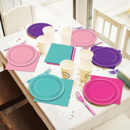 96 PCS Teal Blue Pink Purple Paper Plates and Napkins Birthday Party Supplies Lets Pawty Puppy Tableware Set Colorful Puppy Themed Party Favors Baby Shower - Image 5