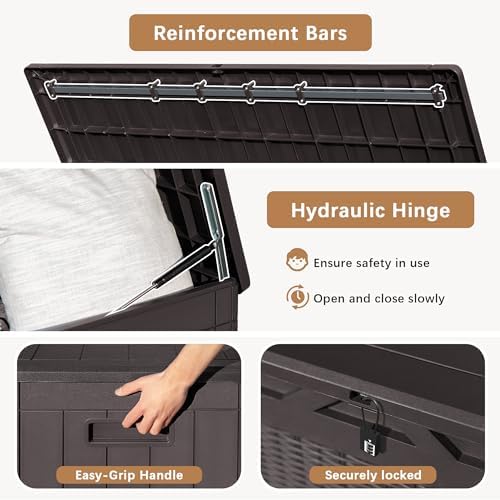 Devoko 97 Gallon Deck Box, Waterproof Resin Outdoor Storage Box for Outside and Patio, Large Outdoor Storage Bench Cabinet Lockable for Patio Furniture, Garden Tools and Pool Supplies (Deep Brown) - Image 4