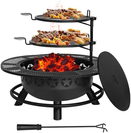 Hykolity 35 Inch Fire Pit with 2 Cooking Grate & Charcoal Pan, Outdoor Wood Burning BBQ Grill Firepit Bowl with Cover Lid, Steel Round Table for Backyard Bonfire Patio Picnic by hykolity