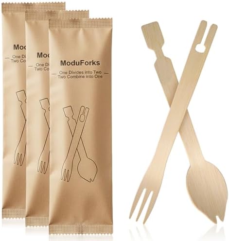 30 Sets Interlocking Bamboo Forks and Spoons, Bamboo Forks Spoons Combo Set, 3 Funtions 60 Pcs Biodegradable Disposable Cutlery for Party Camping and Serving Food by DTFMZOV