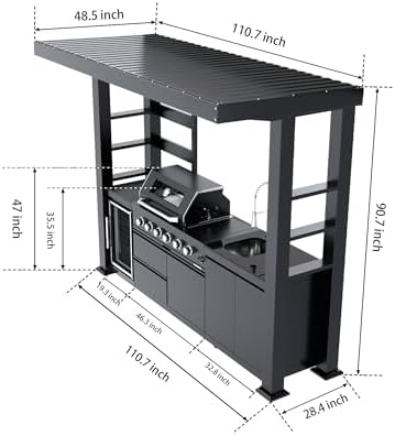 110-Inch 4-Burner 72000 BTU Propane Gas Grill Island with Shed, 304 Stainless Steel Black, Outdoor Kitchen with Wine Cooler, Rotisserie & Granite Countertops for Backyard BBQ, Black - Image 2