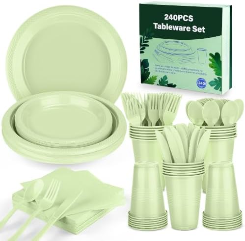Kochorie 240 Pieces Sage Green Plastic Dinnerware Set Disposable Heavy Duty Plates Napkins Cups Silverware Dessert Dinner Plates for Birthday Wedding Baby Shower Party Supplies, Serves 30 Guests - Image 4